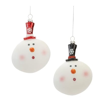 Two glass snowman head ornaments with red and black top hats and orange carrot noses