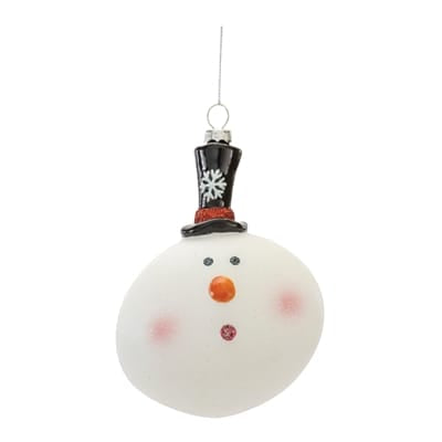 Glass snowman head ornament with black top hat and orange carrot nose, 5 inches
