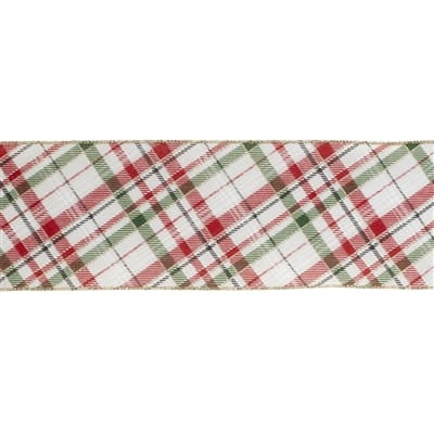 Wired polyester ribbon with red, green, and white diagonal plaid pattern, 4 inches wide
