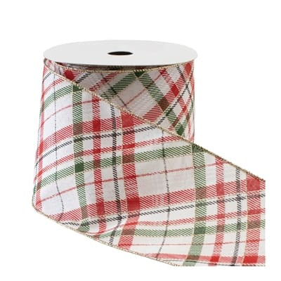White wired polyester ribbon roll with red and green plaid pattern, 4 inch width