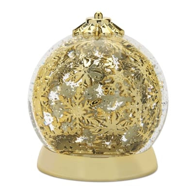 Gold snowflake rotating snow globe 6.5 inches tall with USB cord on gold base