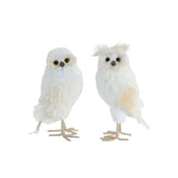 Two white faux fur decorative owl figurines with gold feet, set of 2