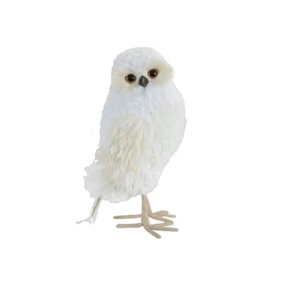 Melrose white faux fur decorative owl figurine with beige legs and dark eyes