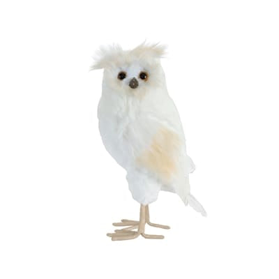 Melrose white faux fur decorative owl figurine with tan accent feathers and wire legs