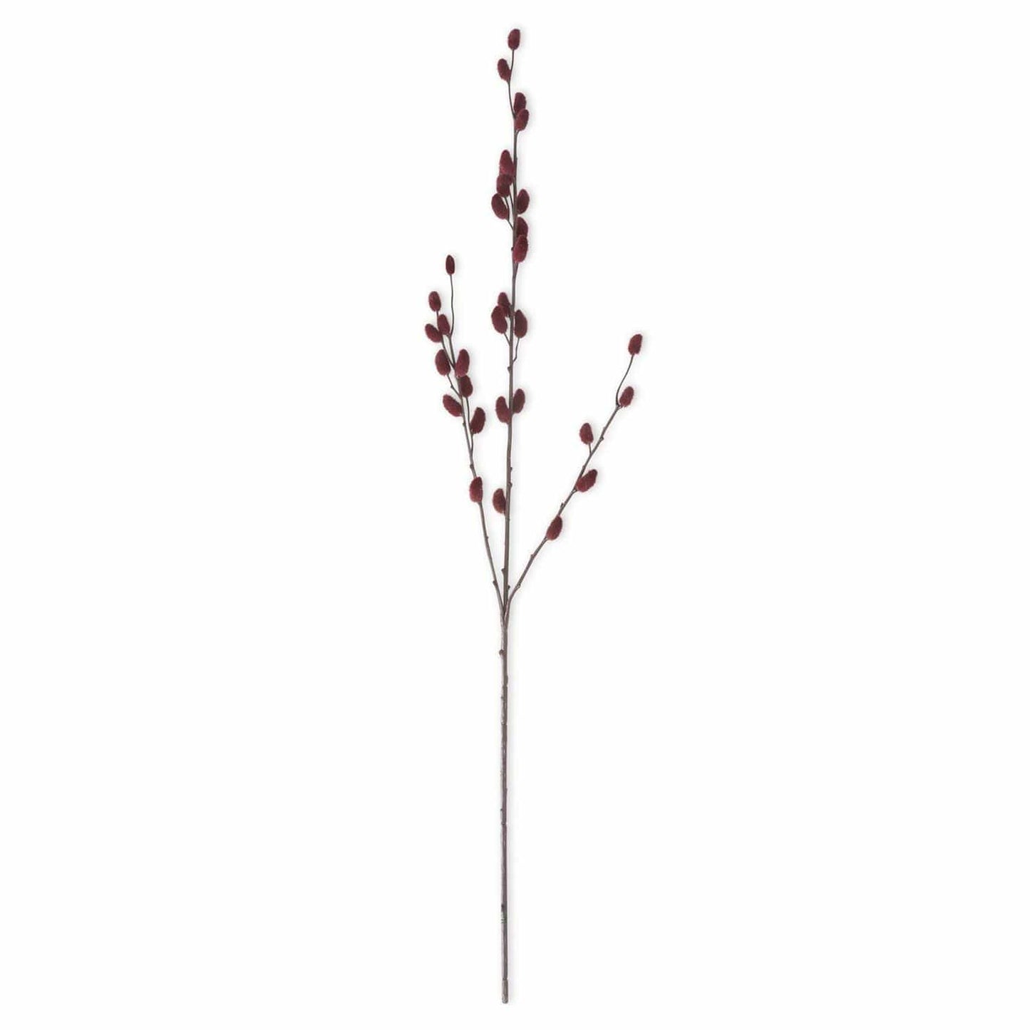 Faux burgundy pussy willow branch with velvet buds on dark stem, 33 inches tall