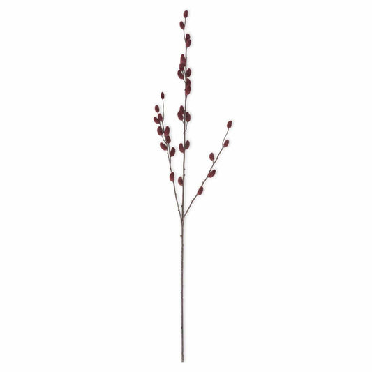 Faux burgundy pussy willow branch with velvet buds on dark stem, 33 inches tall