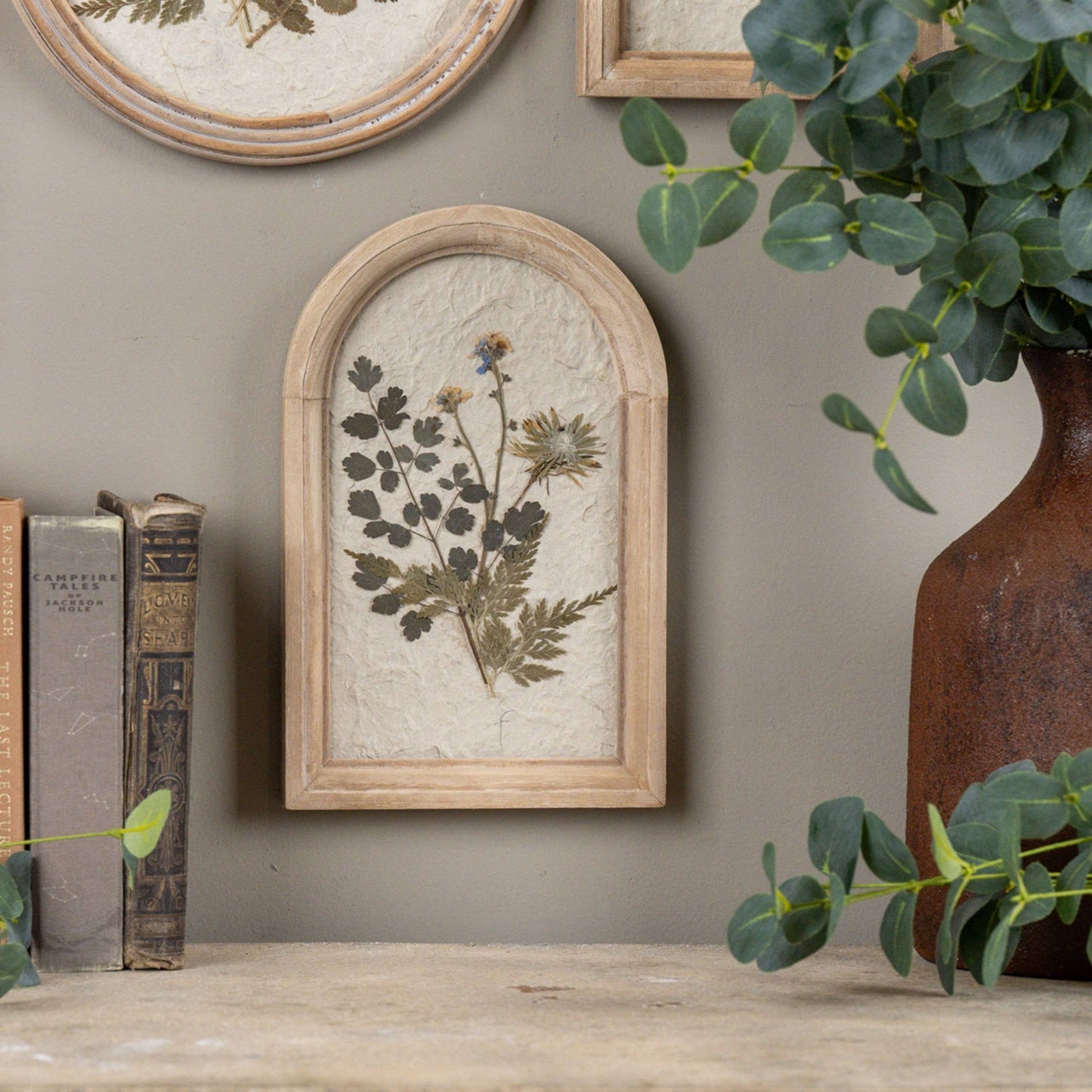 10" Pressed Blue & Tan Flower In Arched Frame