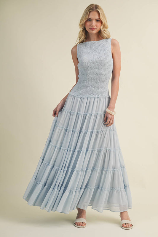Smocked Boat Neck Tiered Maxi Dress