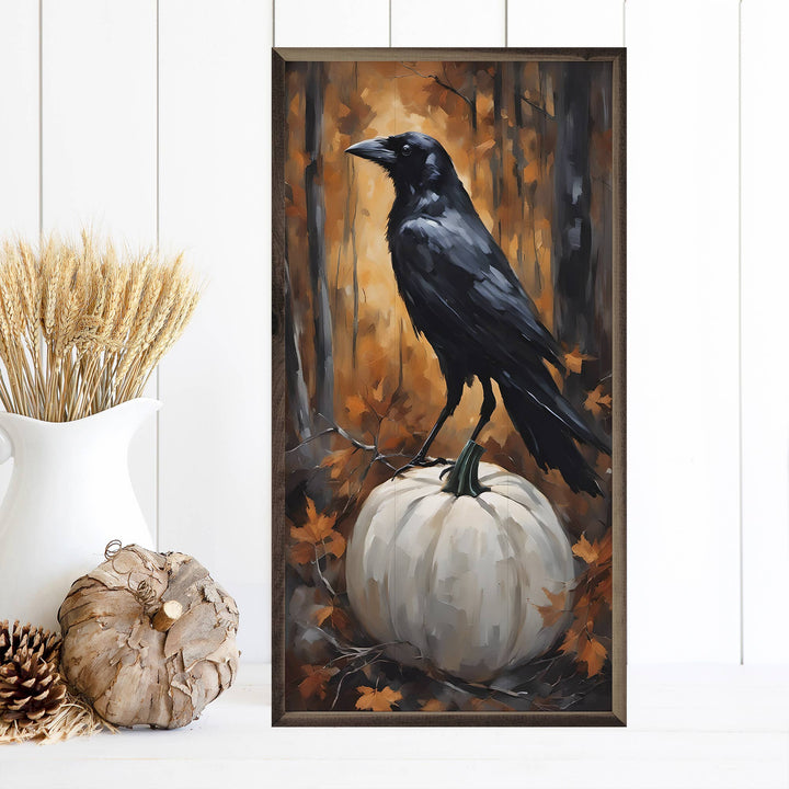 Crow On White Pumpkin Wall Decor Print