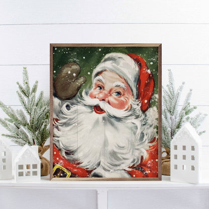 Framed vintage Santa Claus wall art print with green snowy background, wood frame