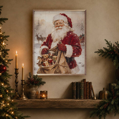 Framed vintage Santa Claus wall art print displayed above rustic shelf with candles