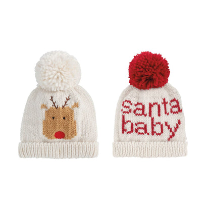 Mud Pie chunky knit baby beanies with pom-poms: reindeer and Santa Baby designs