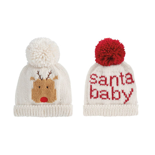 Mud Pie chunky knit baby beanies with pom-poms: reindeer and Santa Baby designs