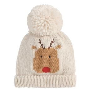 Cream chunky knit beanie with Rudolph reindeer face and large white pom-pom