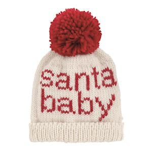 Cream chunky knit beanie with red pom-pom and Santa Baby holiday text