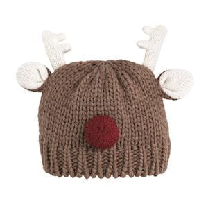 Brown chunky knit reindeer beanie hat with white antlers and red nose pompom