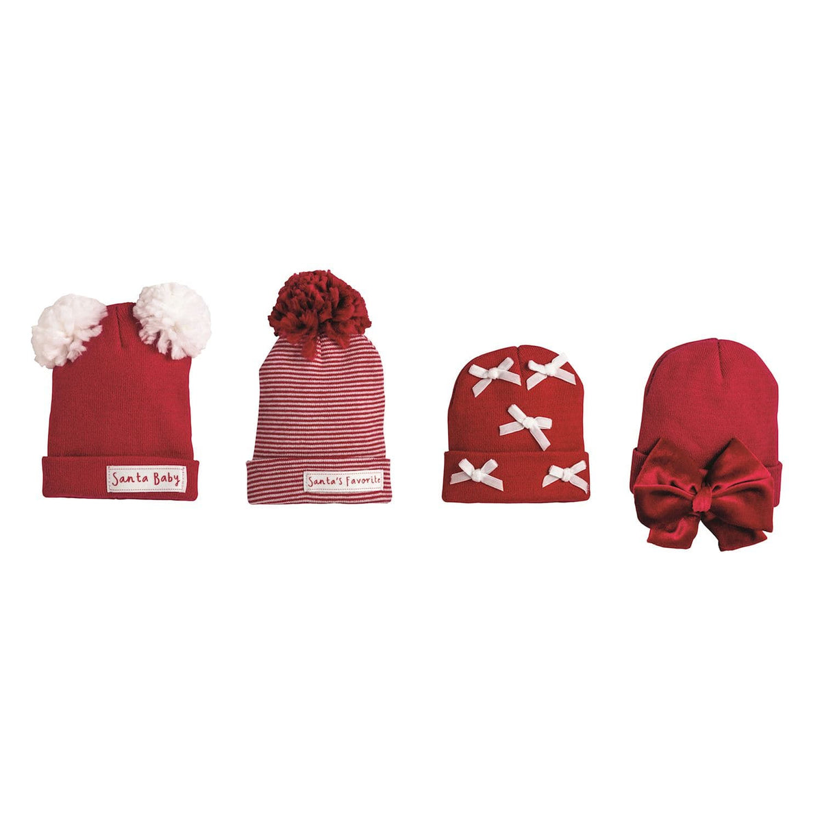 Four red baby Christmas knit beanies with pom-poms, stripes, bows, and ribbon details