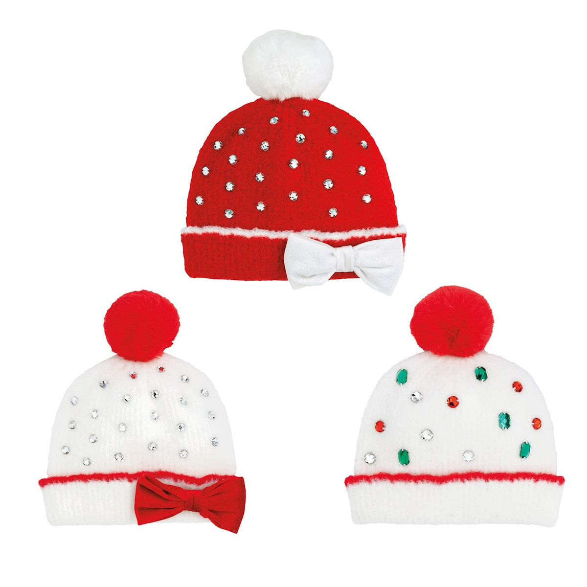 Three festive knit beanies in red and white with rhinestones, pom-poms, and bow accents