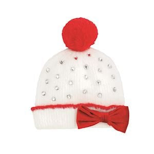 White knit beanie with rhinestones, red bow, and red pom-pom on top