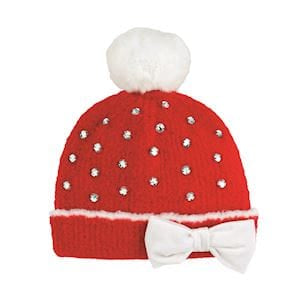 Red knit beanie with rhinestone dots, white bow, and white pom-pom top