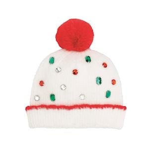 White knit beanie with red pom-pom, red trim, and colorful sequin embellishments