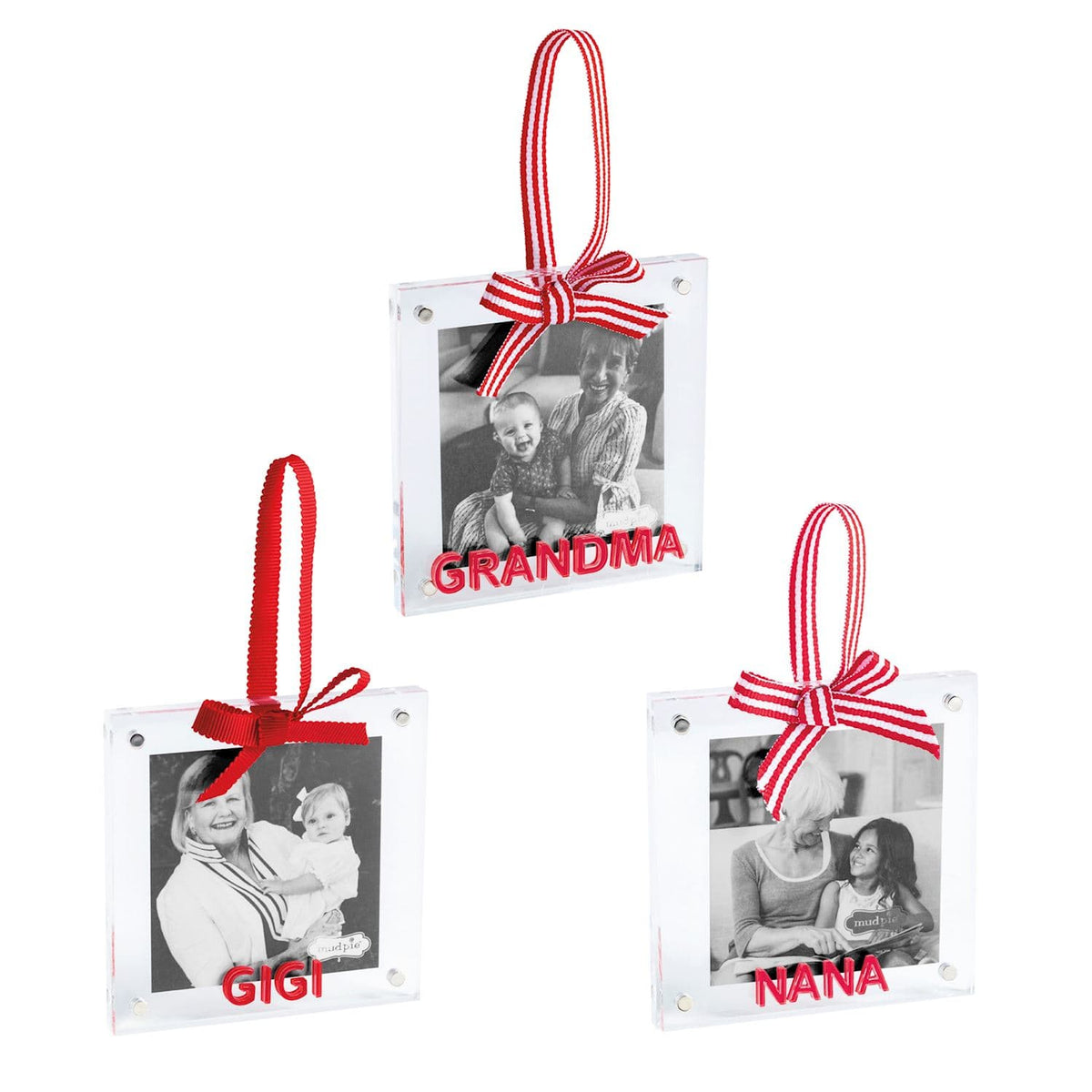 Mudpie acrylic photo frame Christmas ornaments labeled Grandma, Gigi, and Nana with red ribbon
