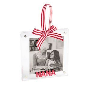 Acrylic photo frame ornament with red striped bow and NANA text, Mudpie
