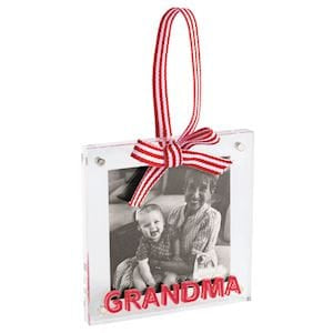 Clear acrylic photo frame ornament with red GRANDMA text and red striped ribbon bow