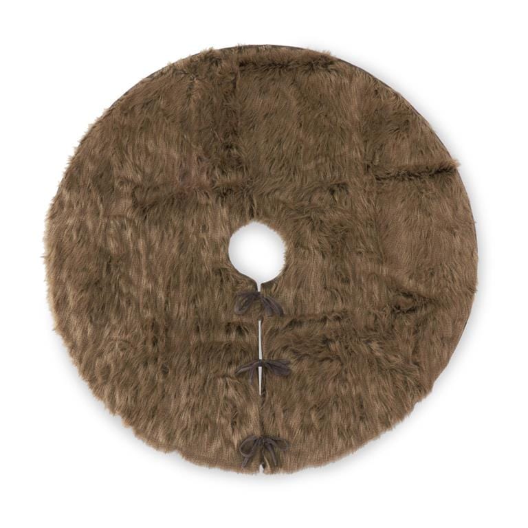 Round faux fur Christmas tree skirt in brown with center hole and ribbon tie closure, top view
