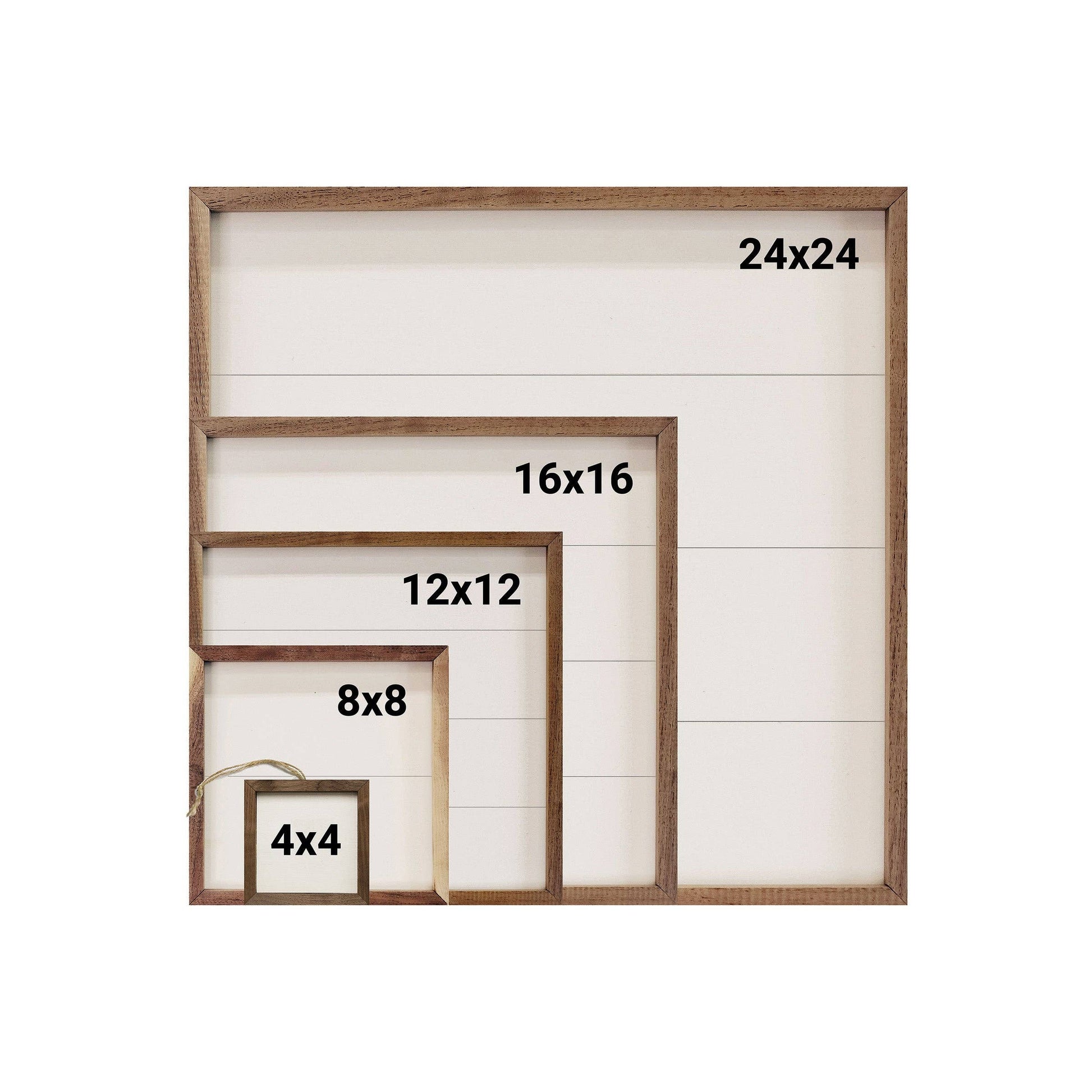 Wooden framed shiplap wall art shown in five sizes: 4x4 to 24x24 inches
