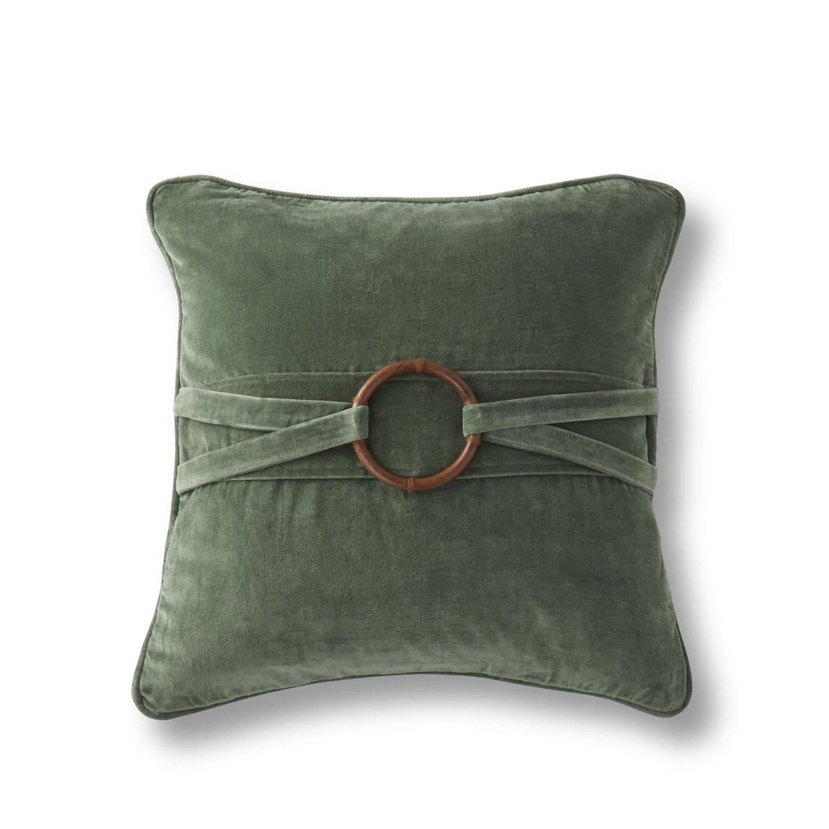 20 Inch Square Green Cotton Velvet Pillow w/Bamboo Ring