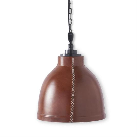 13.5 Inch Brown Leather Wrapped Dome Pendant Light w/Black Interior