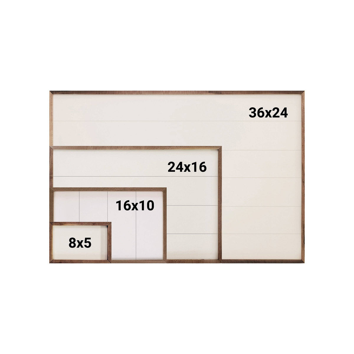 Rustic wood-framed shiplap sign in four sizes: 8x5, 16x10, 24x16, 36x24