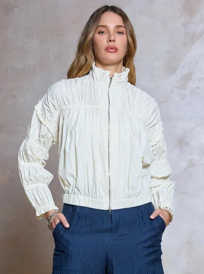 Cream Shirring Zip Up Jacket