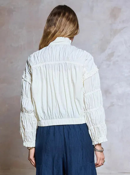 Cream Shirring Zip Up Jacket
