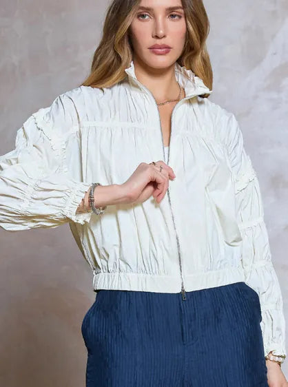Cream Shirring Zip Up Jacket