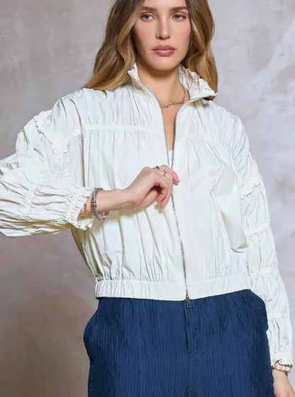 Cream Shirring Zip Up Jacket