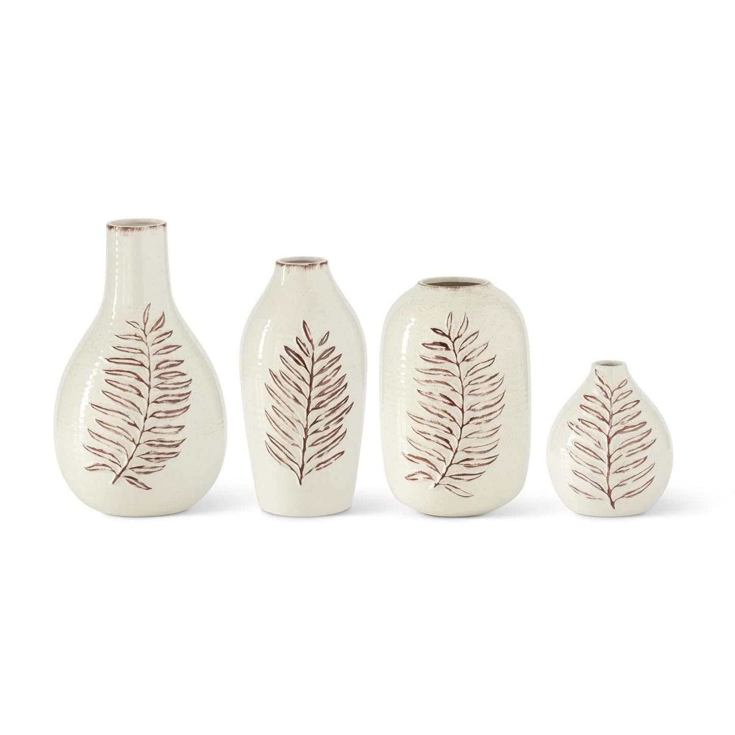 Set of 4 cream ceramic vases with brown fern leaf design in graduating sizes