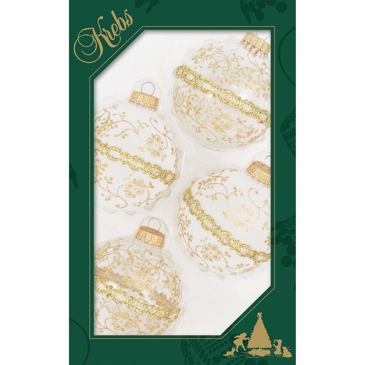 Set of four white frosted glass ball ornaments with gold floral lace patterns and decorative gold braid bands