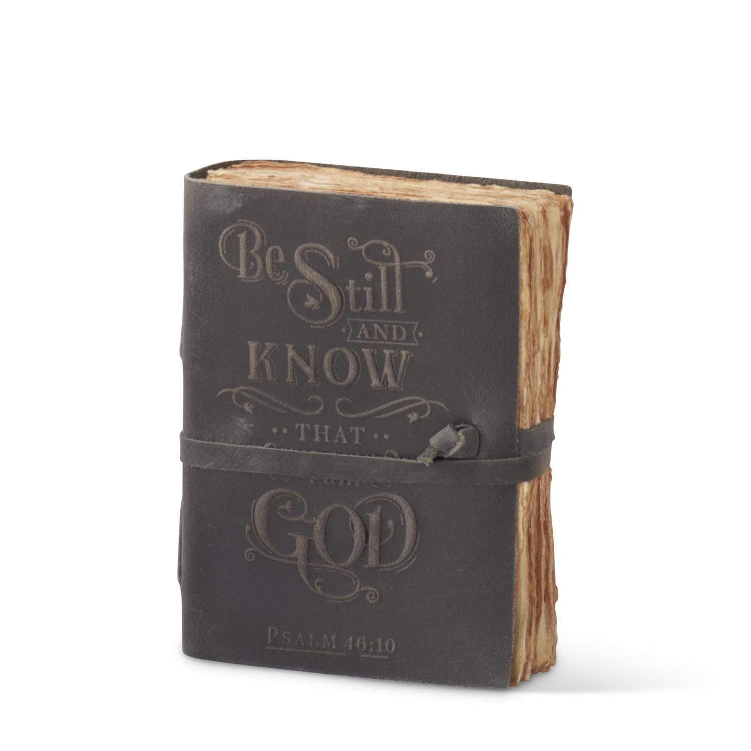 Dark gray leather journal embossed with Be Still And Know That God, Psalm 46:10