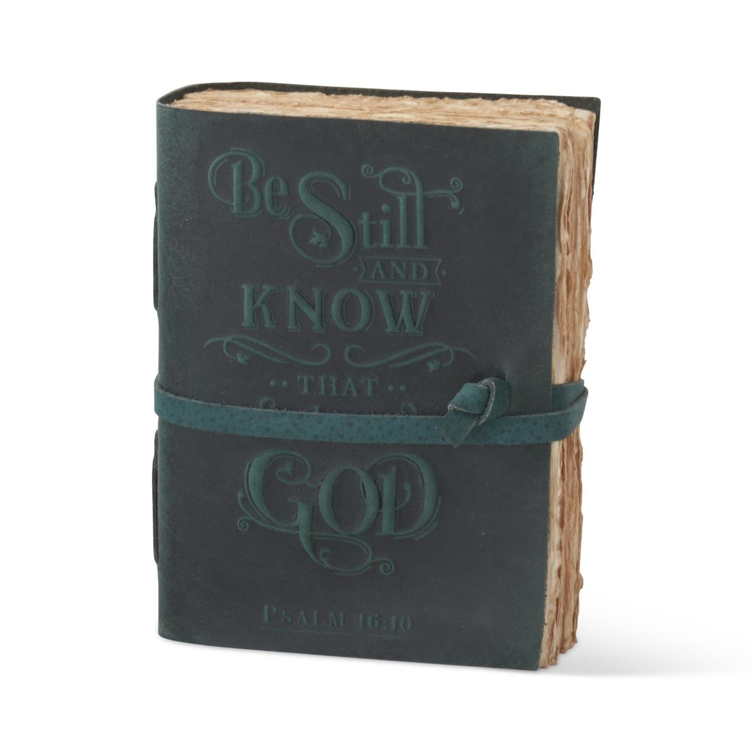 Teal leather journal with embossed Be Still and Know that God Psalm 46:10 text