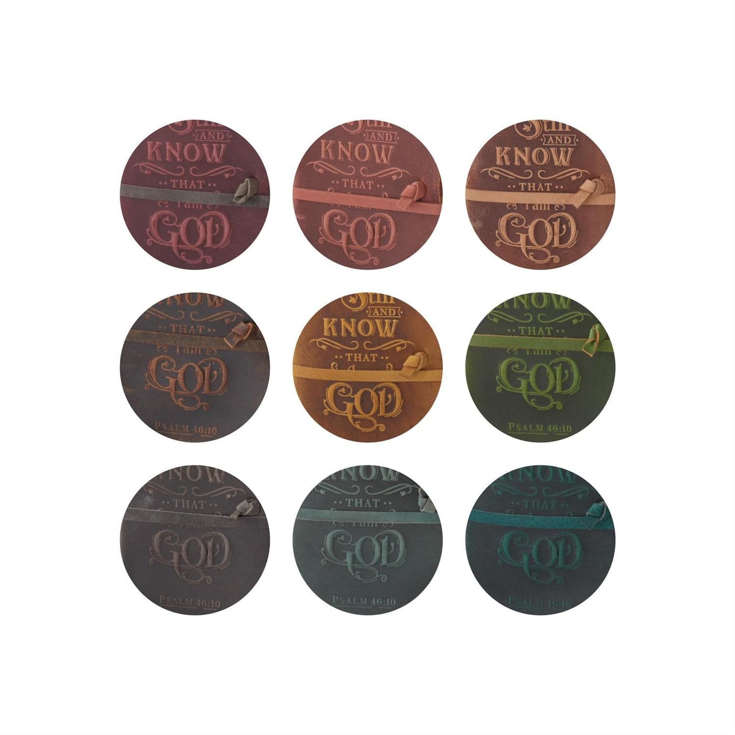 Leather embossed Be Still and Know journals in 9 color options