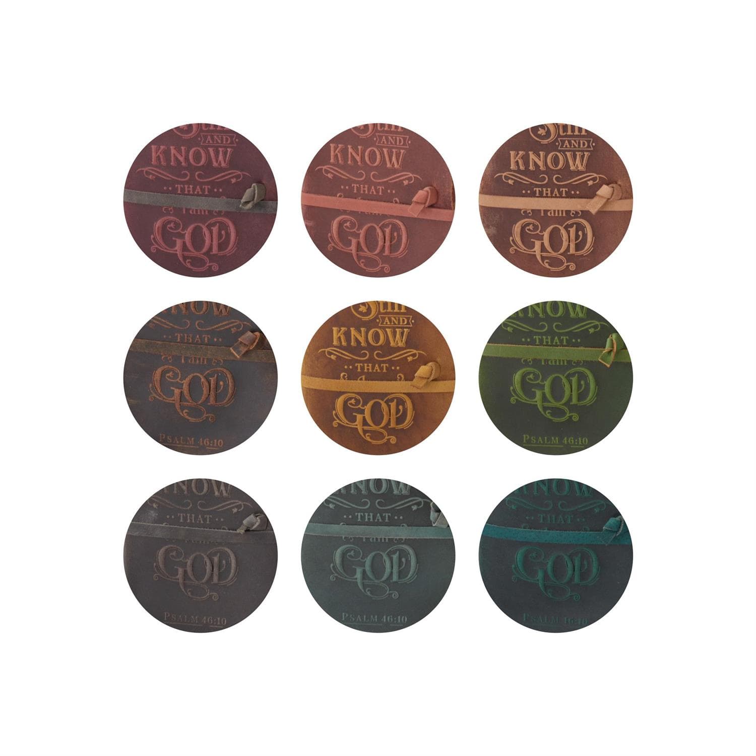 Leather embossed Be Still and Know journals in 9 color options