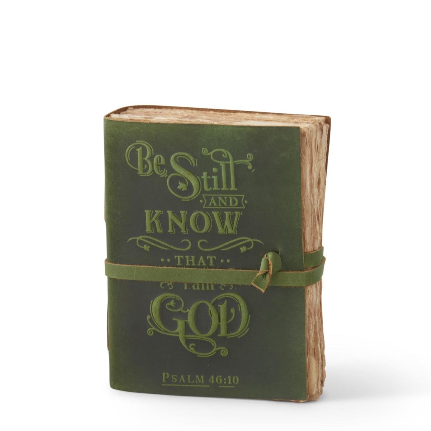 Green leather journal embossed with Be Still and Know That I Am God Psalm 46:10