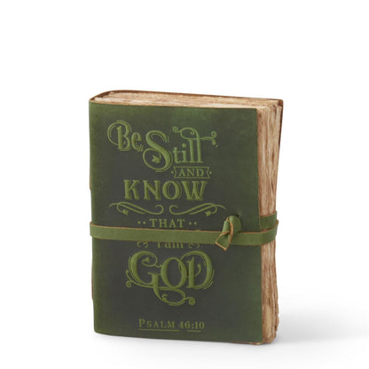 Green leather journal embossed with Be Still and Know That I Am God Psalm 46:10