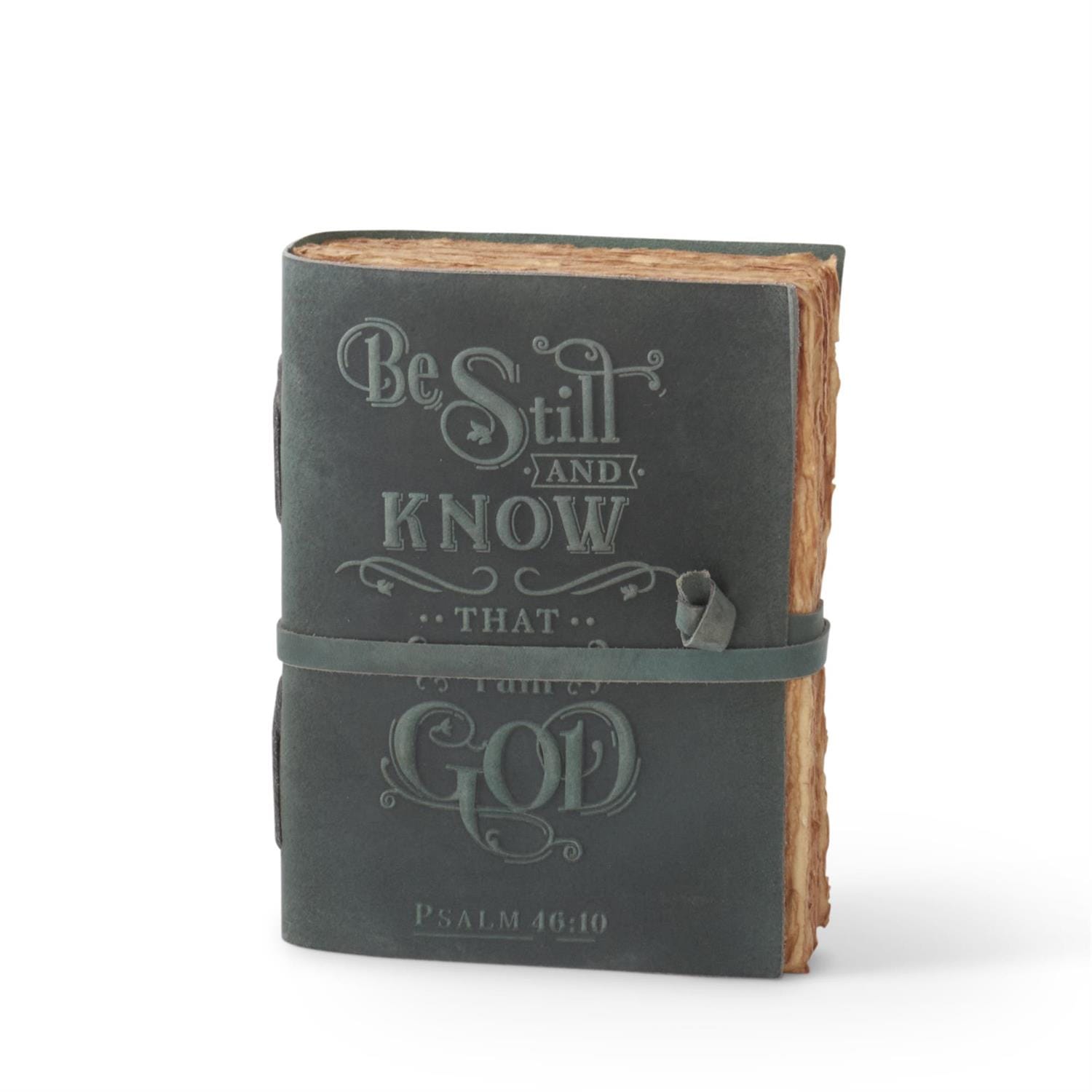 Gray leather journal embossed with Be Still and Know That I Am God Psalm 46:10