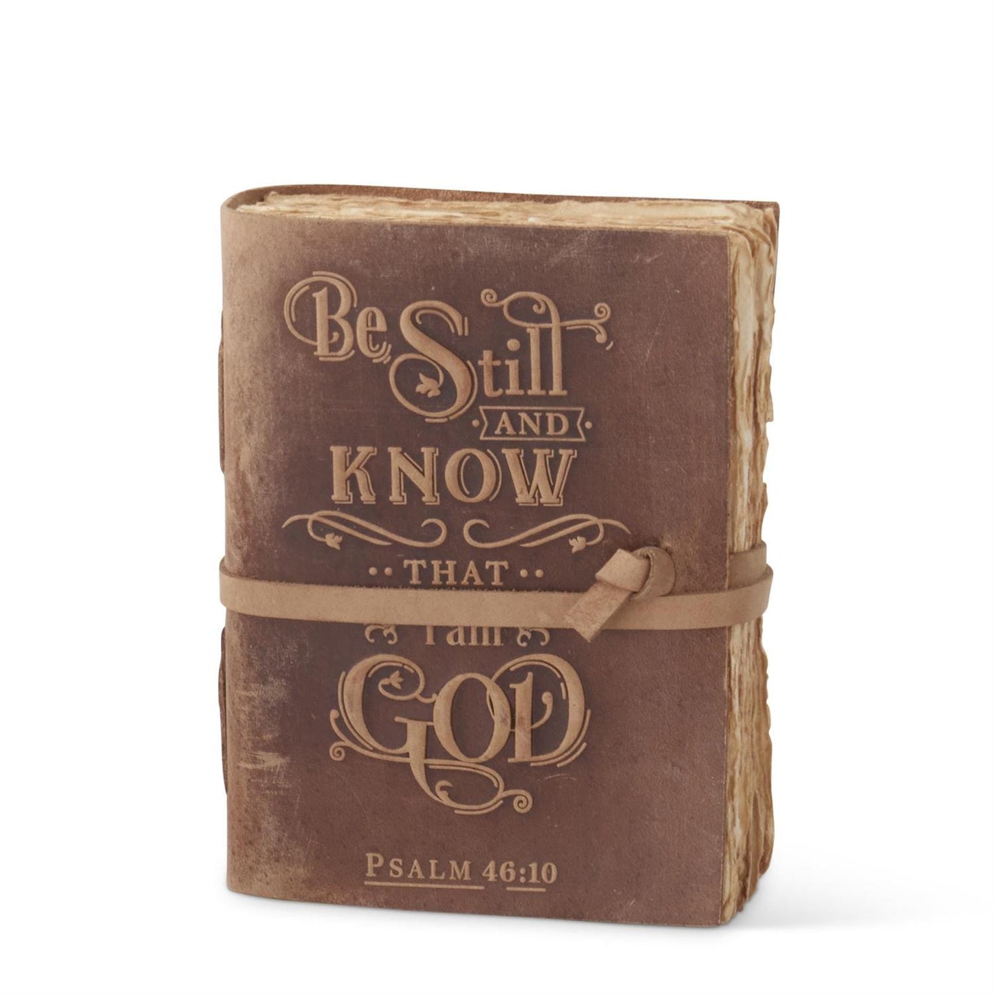 Brown leather journal embossed with Psalm 46:10 Be Still and Know That I am God