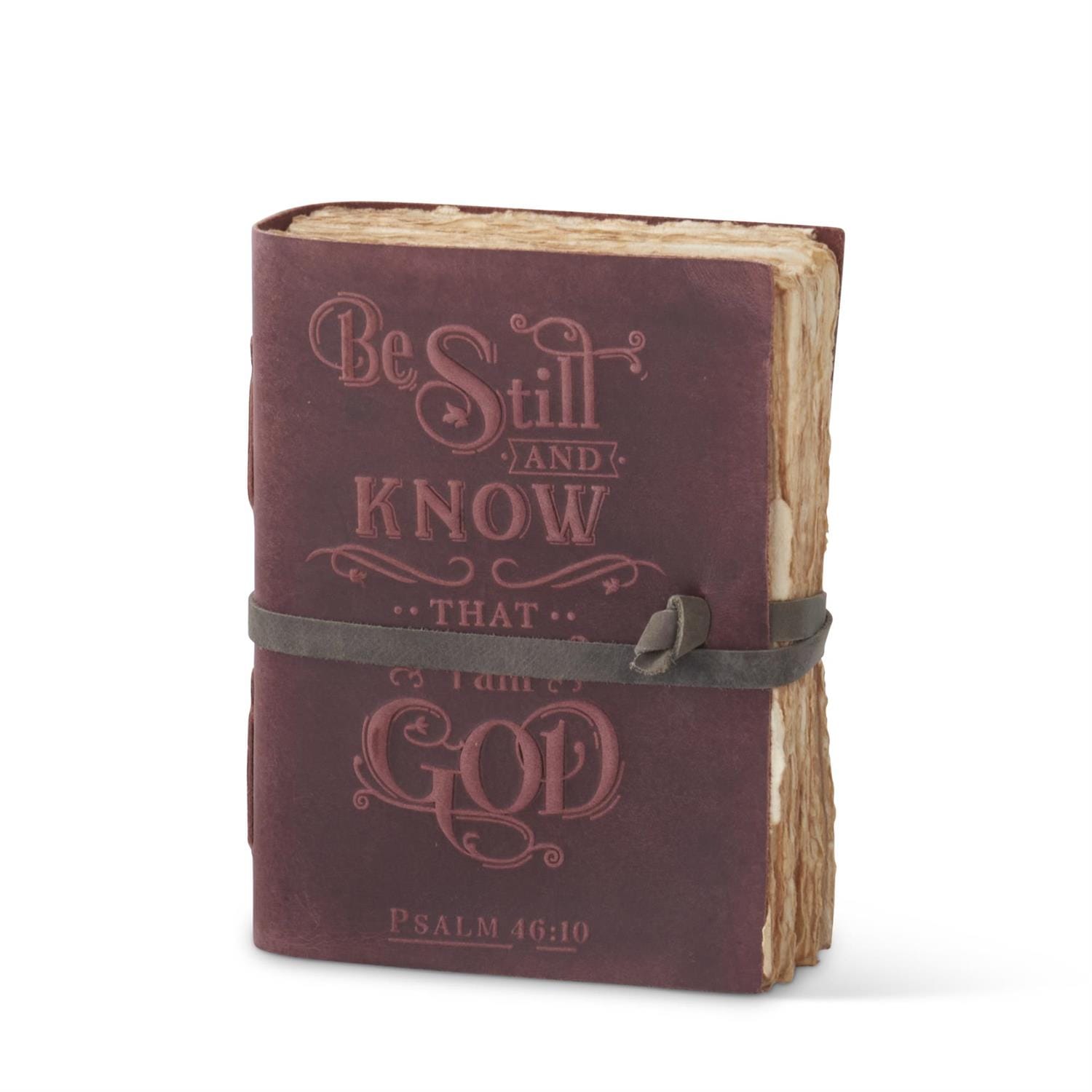 Burgundy leather journal embossed with Be Still and Know Psalm 46:10 scripture verse