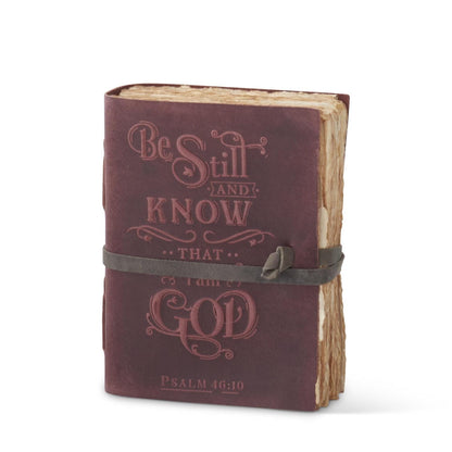 Burgundy leather journal embossed with Be Still and Know Psalm 46:10 scripture verse
