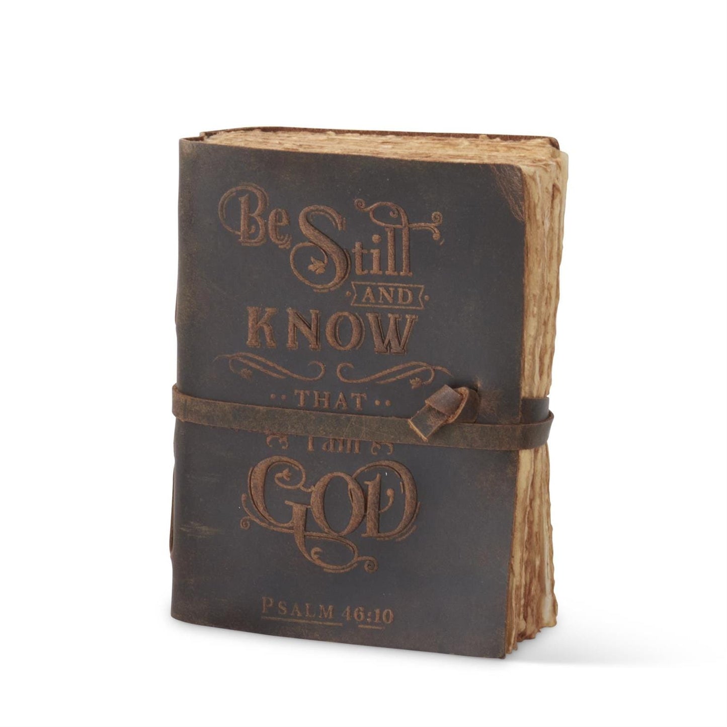 Dark brown leather journal embossed with Be Still and Know That I Am God Psalm 46:10